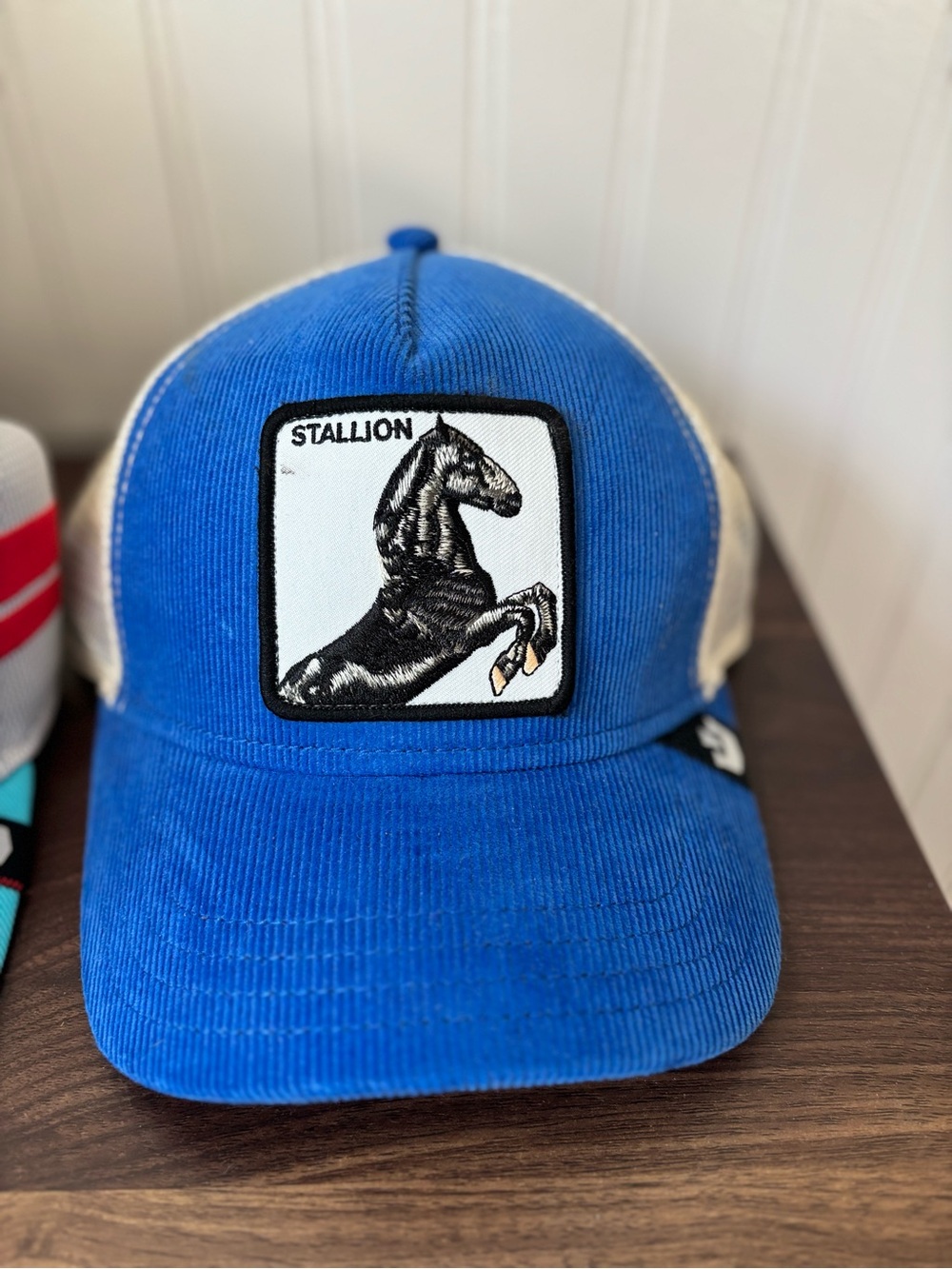 Goorin Bros Blue and White Stallion Patch Trucker Hat